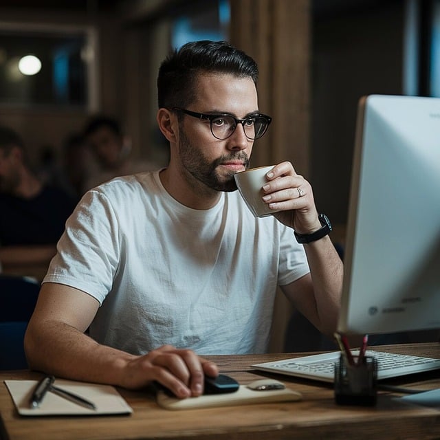 Man utilizing creative methods to make money online, working with a laptop and notebook.